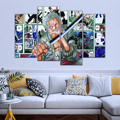 One Piece Canvas Wall Art - Roronoa Zoro Three Sword Style 5 Piece Split Panel Anime Poster - Framed Ready to Hang Living Room & Man Cave Decor - OP5080