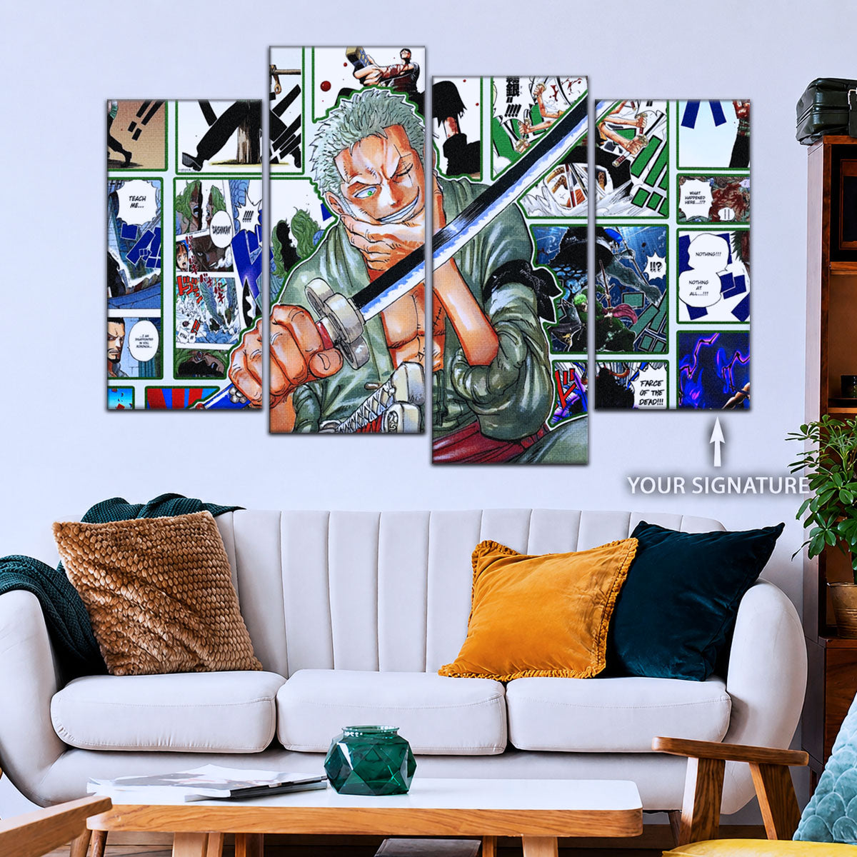 One Piece Canvas Wall Art - Roronoa Zoro Three Sword Style 5 Piece Split Panel Anime Poster - Framed Ready to Hang Living Room & Man Cave Decor - OP5080
