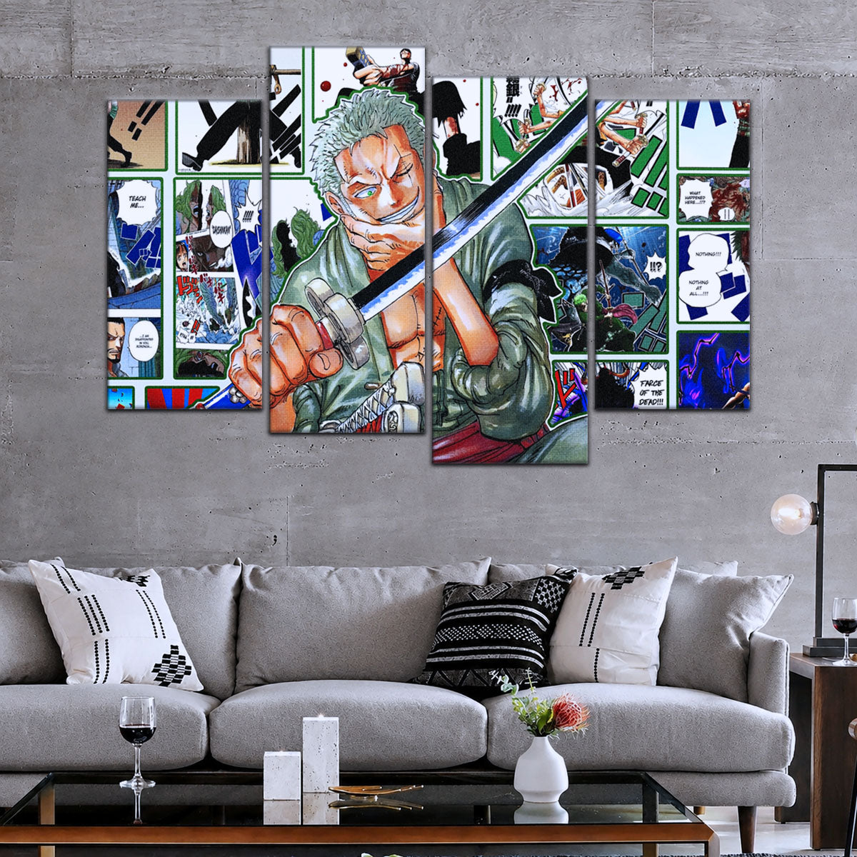 One Piece Canvas Wall Art - Roronoa Zoro Three Sword Style 5 Piece Split Panel Anime Poster - Framed Ready to Hang Living Room & Man Cave Decor - OP5080