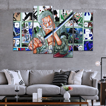 One Piece Canvas Wall Art - Roronoa Zoro Three Sword Style 5 Piece Split Panel Anime Poster - Framed Ready to Hang Living Room & Man Cave Decor - OP5080