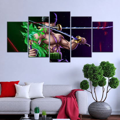 One Piece Canvas Wall Art - Roronoa Zoro Three Sword Style 5 Piece Split Panel Anime Poster - Framed Ready to Hang Living Room & Man Cave Decor - OP5081
