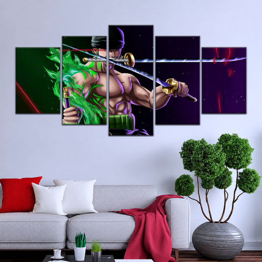 One Piece Canvas Wall Art - Roronoa Zoro Three Sword Style 5 Piece Split Panel Anime Poster - Framed Ready to Hang Living Room & Man Cave Decor - OP5081
