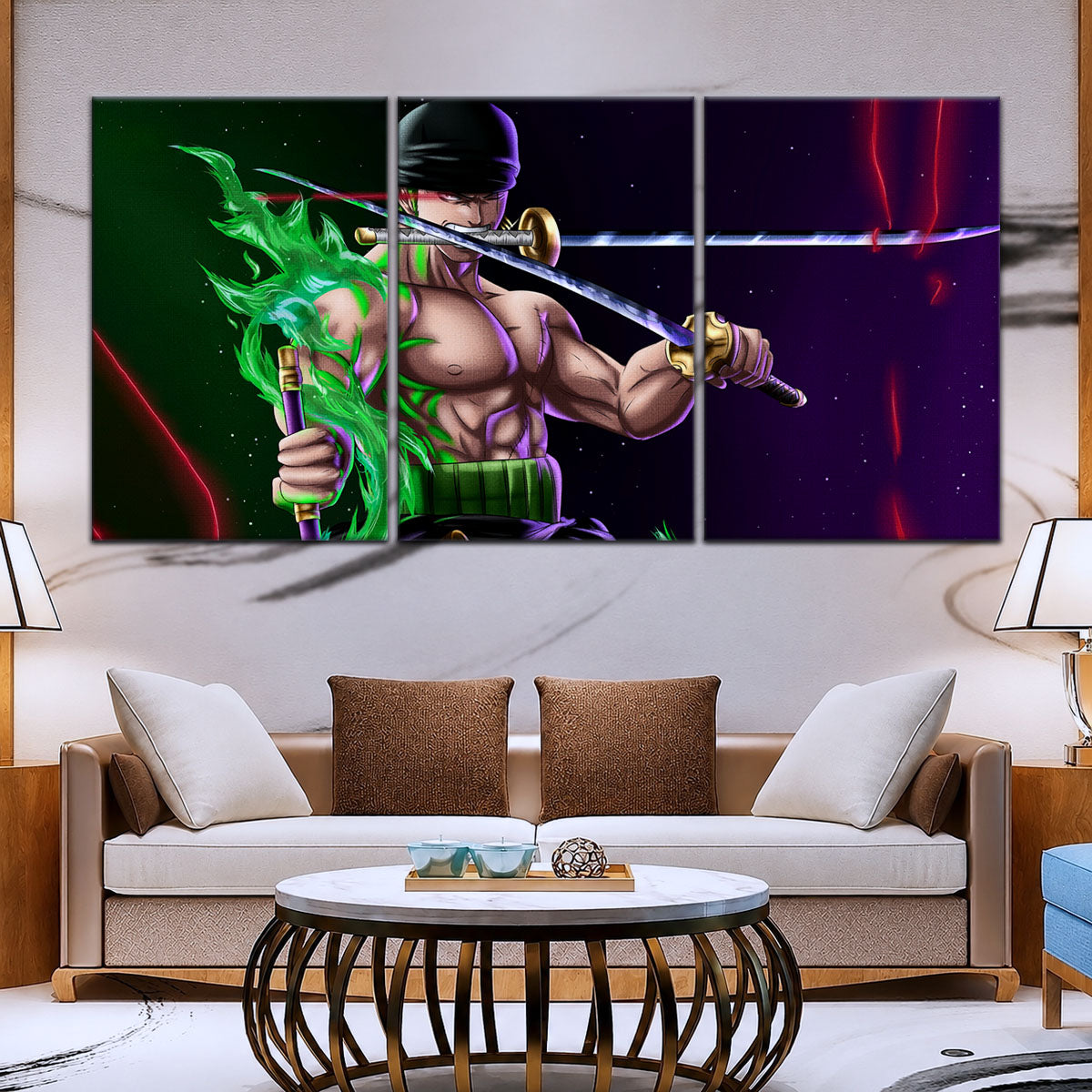 One Piece Canvas Wall Art - Roronoa Zoro Three Sword Style 5 Piece Split Panel Anime Poster - Framed Ready to Hang Living Room & Man Cave Decor - OP5081