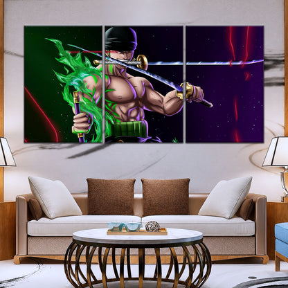 One Piece Canvas Wall Art - Roronoa Zoro Three Sword Style 5 Piece Split Panel Anime Poster - Framed Ready to Hang Living Room & Man Cave Decor - OP5081
