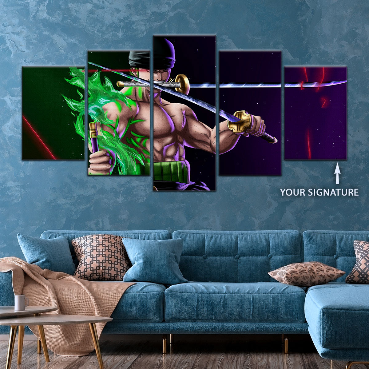 One Piece Canvas Wall Art - Roronoa Zoro Three Sword Style 5 Piece Split Panel Anime Poster - Framed Ready to Hang Living Room & Man Cave Decor - OP5081