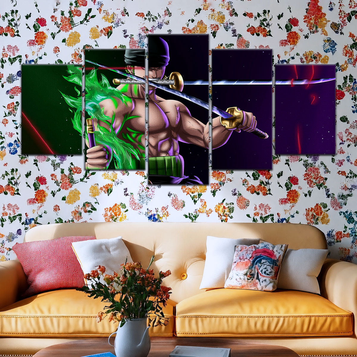 One Piece Canvas Wall Art - Roronoa Zoro Three Sword Style 5 Piece Split Panel Anime Poster - Framed Ready to Hang Living Room & Man Cave Decor - OP5081