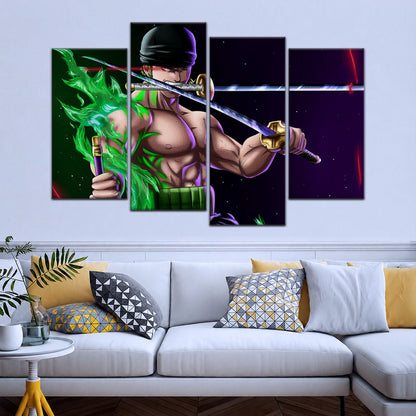 One Piece Canvas Wall Art - Roronoa Zoro Three Sword Style 5 Piece Split Panel Anime Poster - Framed Ready to Hang Living Room & Man Cave Decor - OP5081