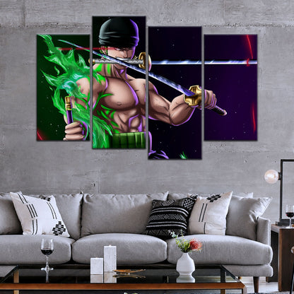 One Piece Canvas Wall Art - Roronoa Zoro Three Sword Style 5 Piece Split Panel Anime Poster - Framed Ready to Hang Living Room & Man Cave Decor - OP5081