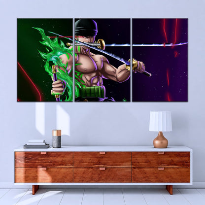 One Piece Canvas Wall Art - Roronoa Zoro Three Sword Style 5 Piece Split Panel Anime Poster - Framed Ready to Hang Living Room & Man Cave Decor - OP5081