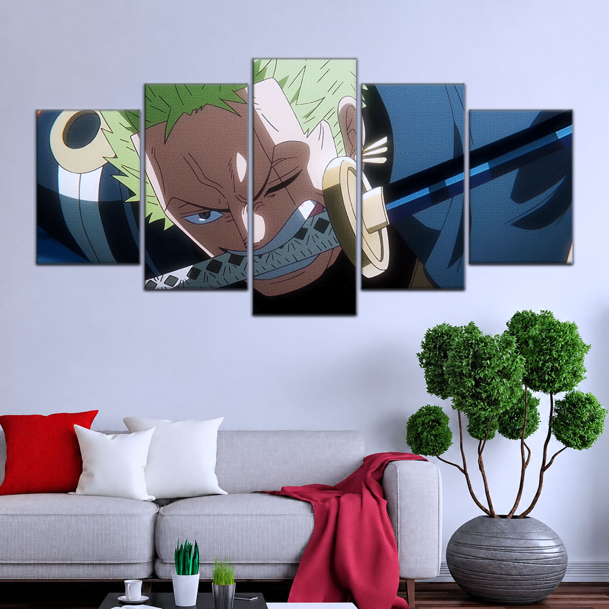 One Piece Canvas Wall Art - Roronoa Zoro Three Sword Style 5 Piece Split Panel Anime Poster - Framed Ready to Hang Living Room, Man Cave Decor - OP5082