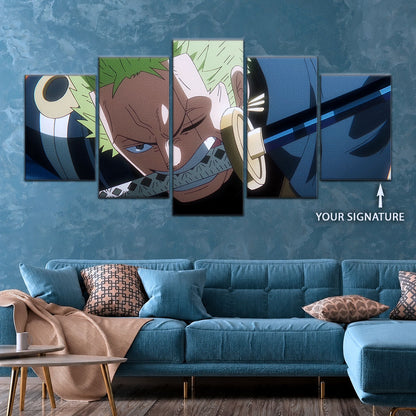 One Piece Canvas Wall Art - Roronoa Zoro Three Sword Style 5 Piece Split Panel Anime Poster - Framed Ready to Hang Living Room, Man Cave Decor - OP5082