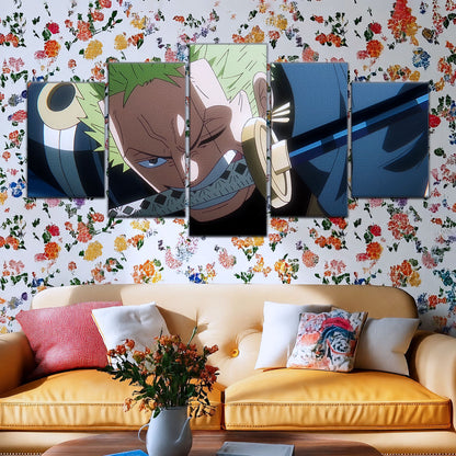 One Piece Canvas Wall Art - Roronoa Zoro Three Sword Style 5 Piece Split Panel Anime Poster - Framed Ready to Hang Living Room, Man Cave Decor - OP5082