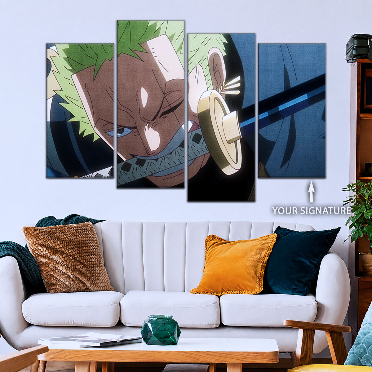 One Piece Canvas Wall Art - Roronoa Zoro Three Sword Style 5 Piece Split Panel Anime Poster - Framed Ready to Hang Living Room, Man Cave Decor - OP5082