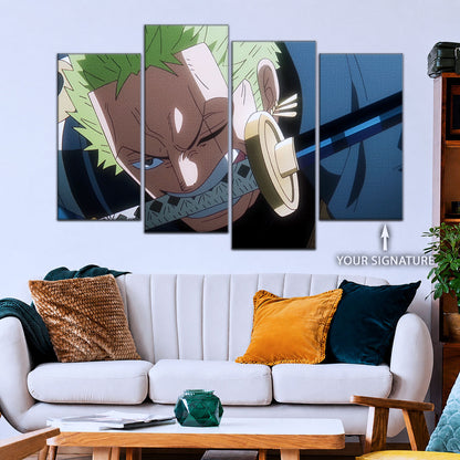 One Piece Canvas Wall Art - Roronoa Zoro Three Sword Style 5 Piece Split Panel Anime Poster - Framed Ready to Hang Living Room, Man Cave Decor - OP5082