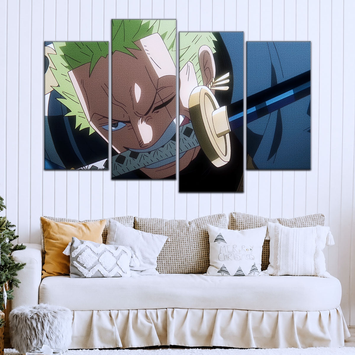 One Piece Canvas Wall Art - Roronoa Zoro Three Sword Style 5 Piece Split Panel Anime Poster - Framed Ready to Hang Living Room, Man Cave Decor - OP5082