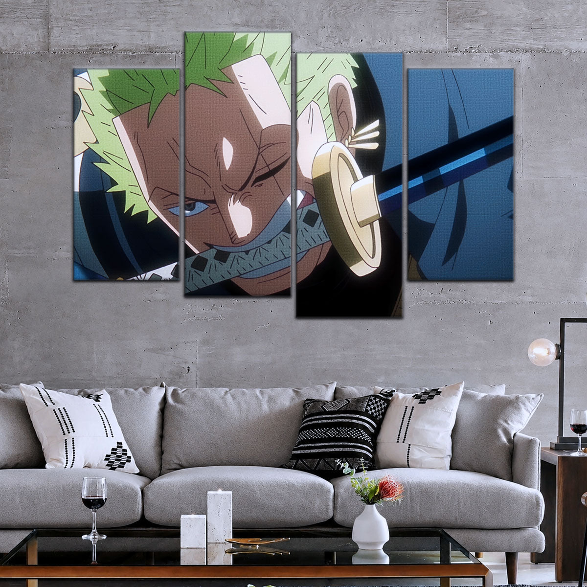 One Piece Canvas Wall Art - Roronoa Zoro Three Sword Style 5 Piece Split Panel Anime Poster - Framed Ready to Hang Living Room, Man Cave Decor - OP5082