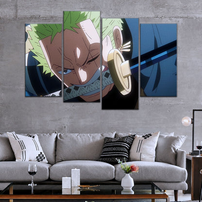 One Piece Canvas Wall Art - Roronoa Zoro Three Sword Style 5 Piece Split Panel Anime Poster - Framed Ready to Hang Living Room, Man Cave Decor - OP5082