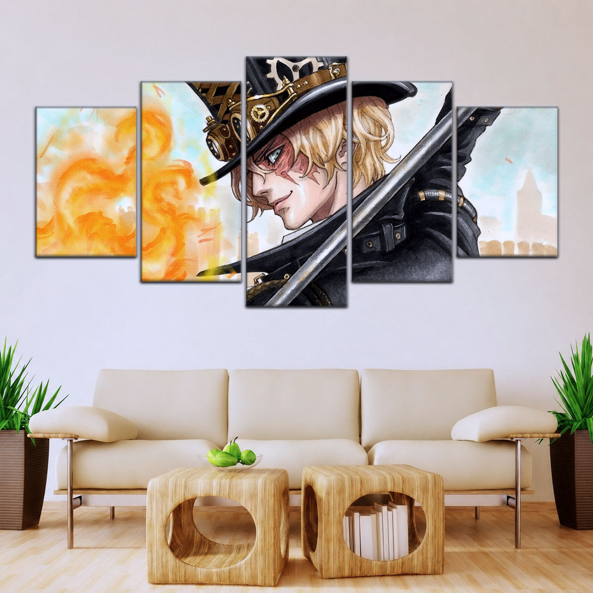 One Piece Canvas Wall Art - Sabo Fire Fist 5 Piece Split Panel Anime Poster - Framed Ready to Hang Living Room & Man Cave Decor - OP5083