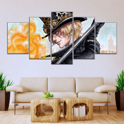 One Piece Canvas Wall Art - Sabo Fire Fist 5 Piece Split Panel Anime Poster - Framed Ready to Hang Living Room & Man Cave Decor - OP5083