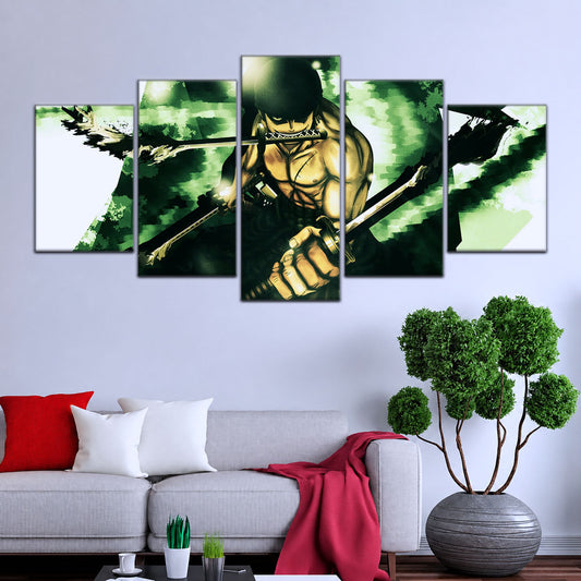 One Piece Canvas Wall Art - Roronoa Zoro Three Sword Style 5 Piece Split Panel Anime Poster - Framed Ready to Hang Living Room & Man Cave Decor - OP5085