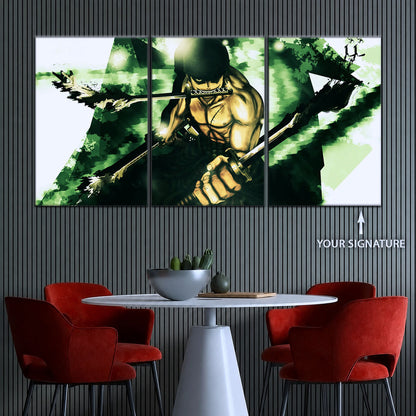 One Piece Canvas Wall Art - Roronoa Zoro Three Sword Style 5 Piece Split Panel Anime Poster - Framed Ready to Hang Living Room & Man Cave Decor - OP5085