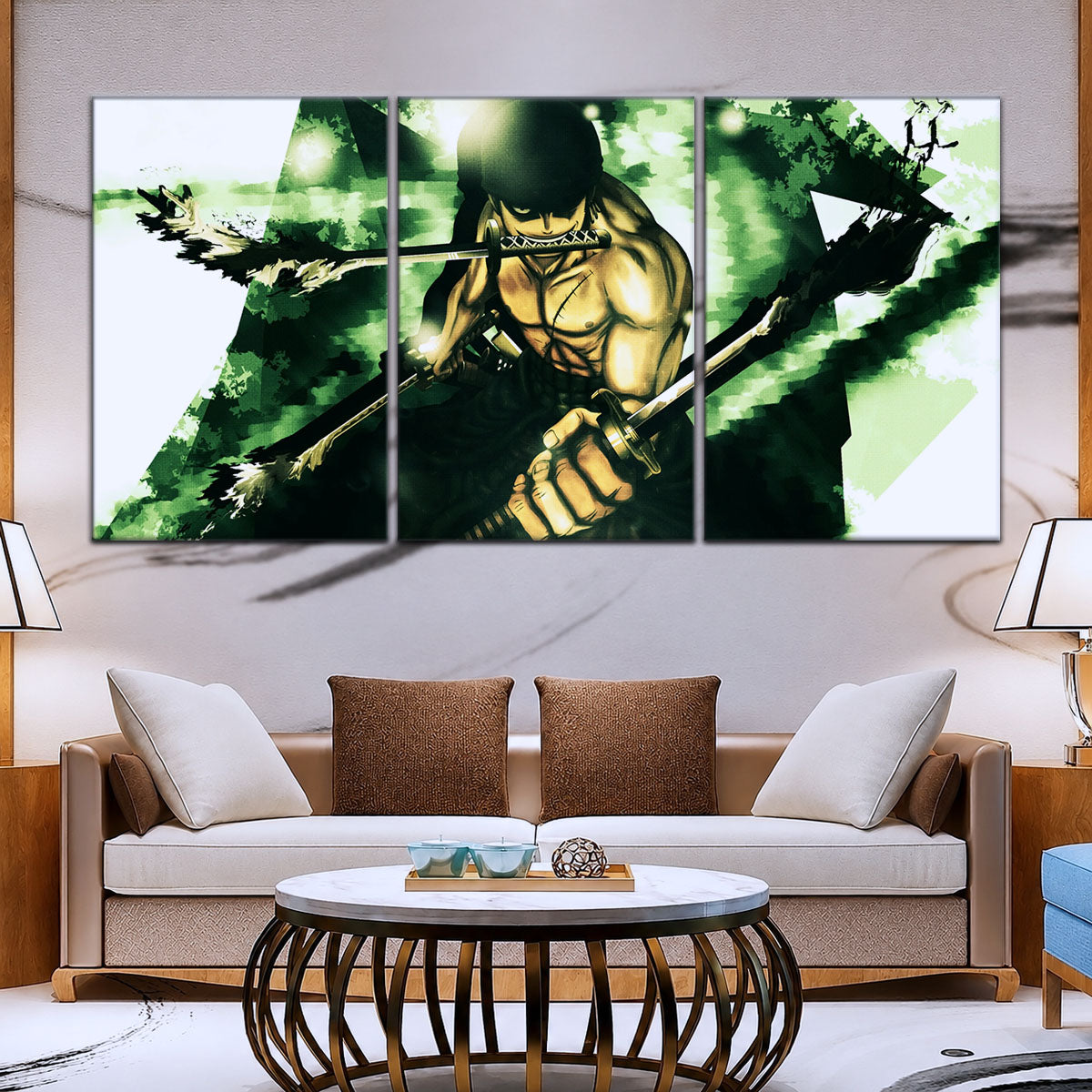 One Piece Canvas Wall Art - Roronoa Zoro Three Sword Style 5 Piece Split Panel Anime Poster - Framed Ready to Hang Living Room & Man Cave Decor - OP5085