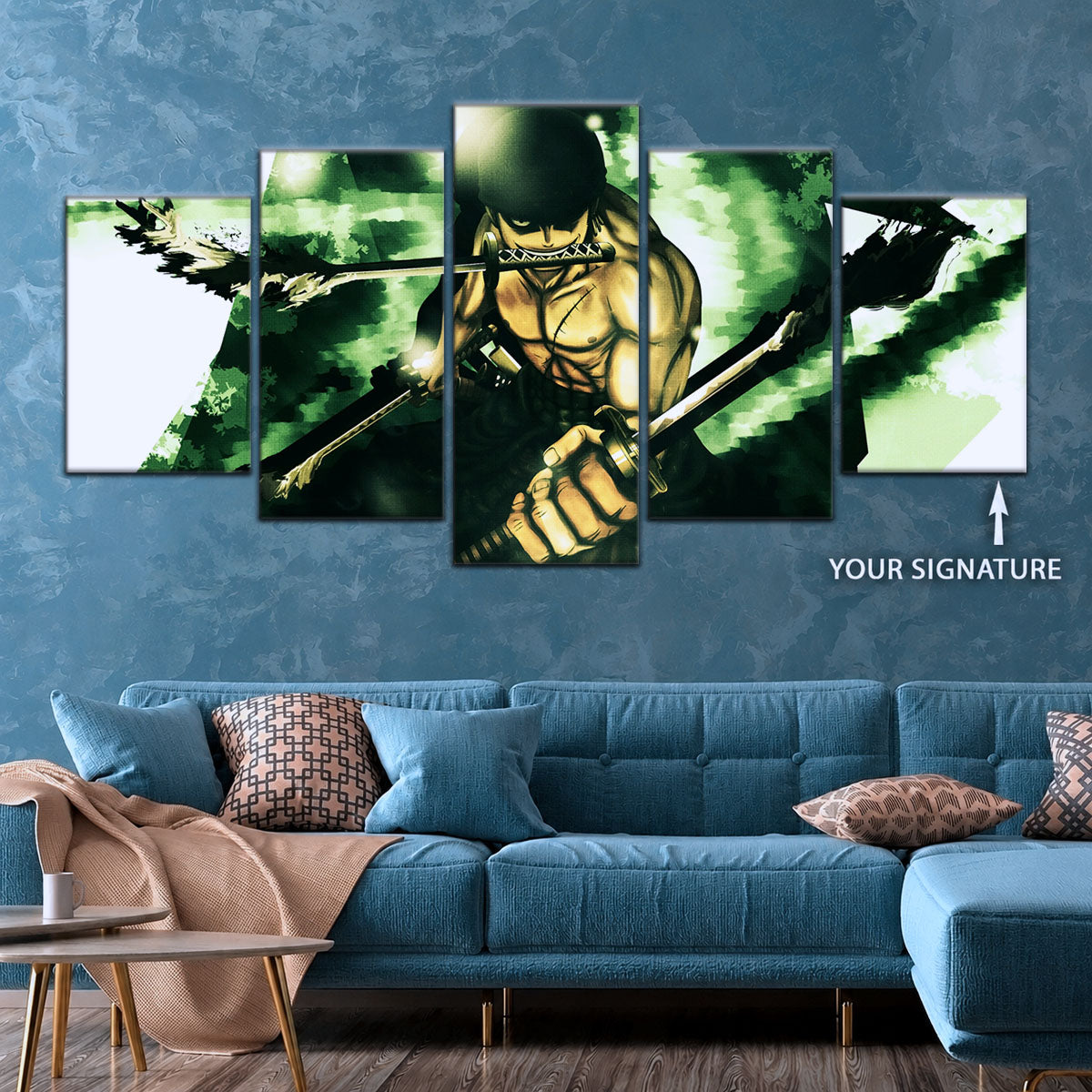 One Piece Canvas Wall Art - Roronoa Zoro Three Sword Style 5 Piece Split Panel Anime Poster - Framed Ready to Hang Living Room & Man Cave Decor - OP5085