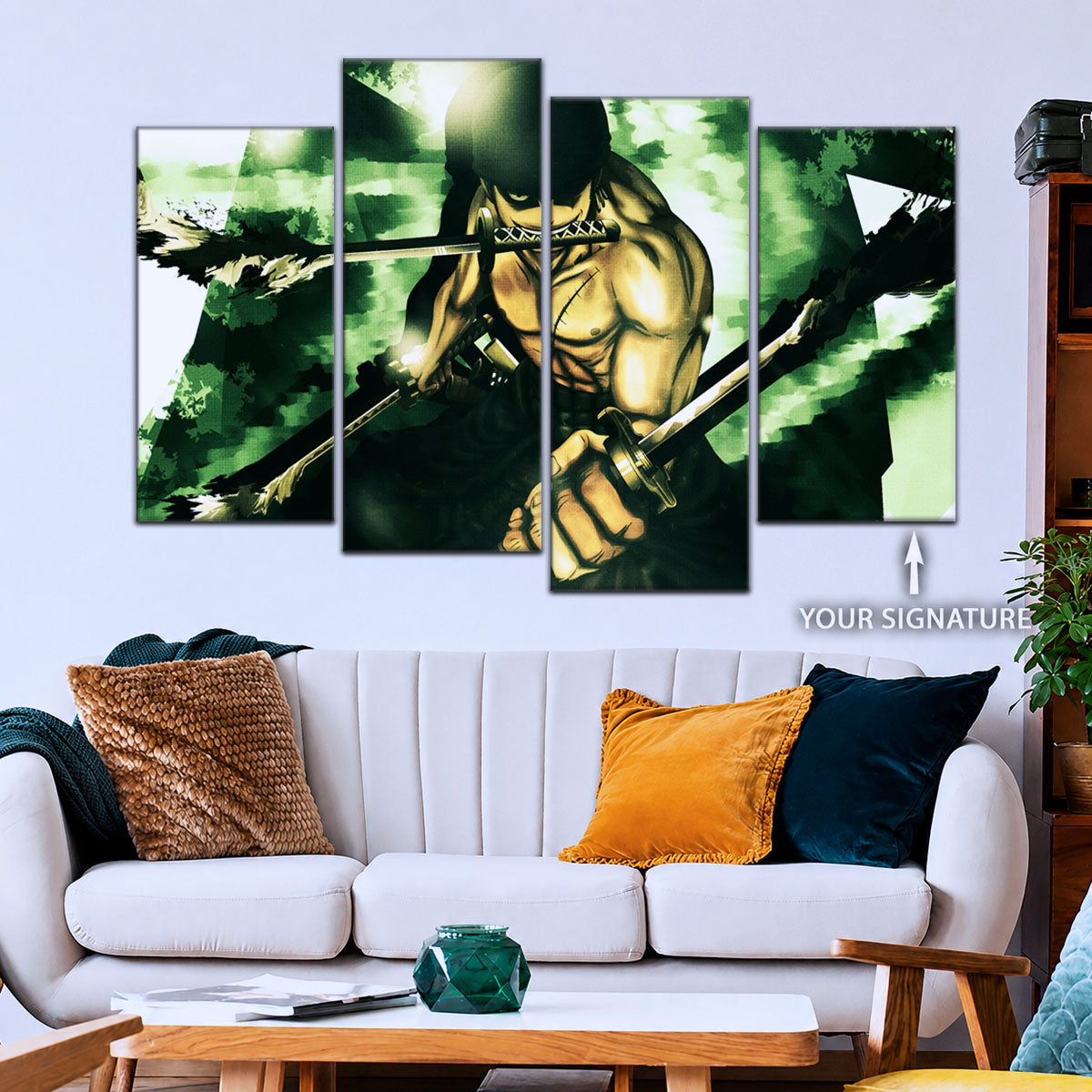 One Piece Canvas Wall Art - Roronoa Zoro Three Sword Style 5 Piece Split Panel Anime Poster - Framed Ready to Hang Living Room & Man Cave Decor - OP5085