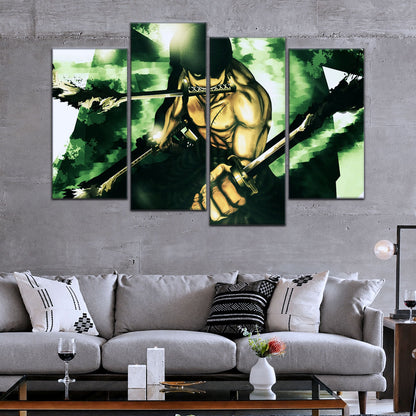 One Piece Canvas Wall Art - Roronoa Zoro Three Sword Style 5 Piece Split Panel Anime Poster - Framed Ready to Hang Living Room & Man Cave Decor - OP5085