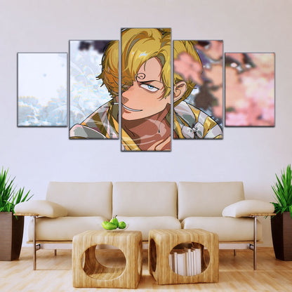 One Piece Canvas Wall Art - Sanji in Bloom Stunning 5 Piece Split Panel Anime Poster - Framed Ready to Hang Living Room & Man Cave Decor - OP5086
