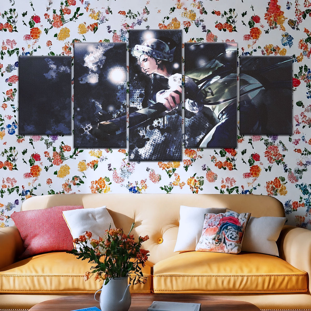 One Piece Canvas Wall Art - Trafalgar Law Room Shambles 5 Piece Split Panel Anime Poster - Framed Ready to Hang Living Room & Man Cave Decor - OP5090