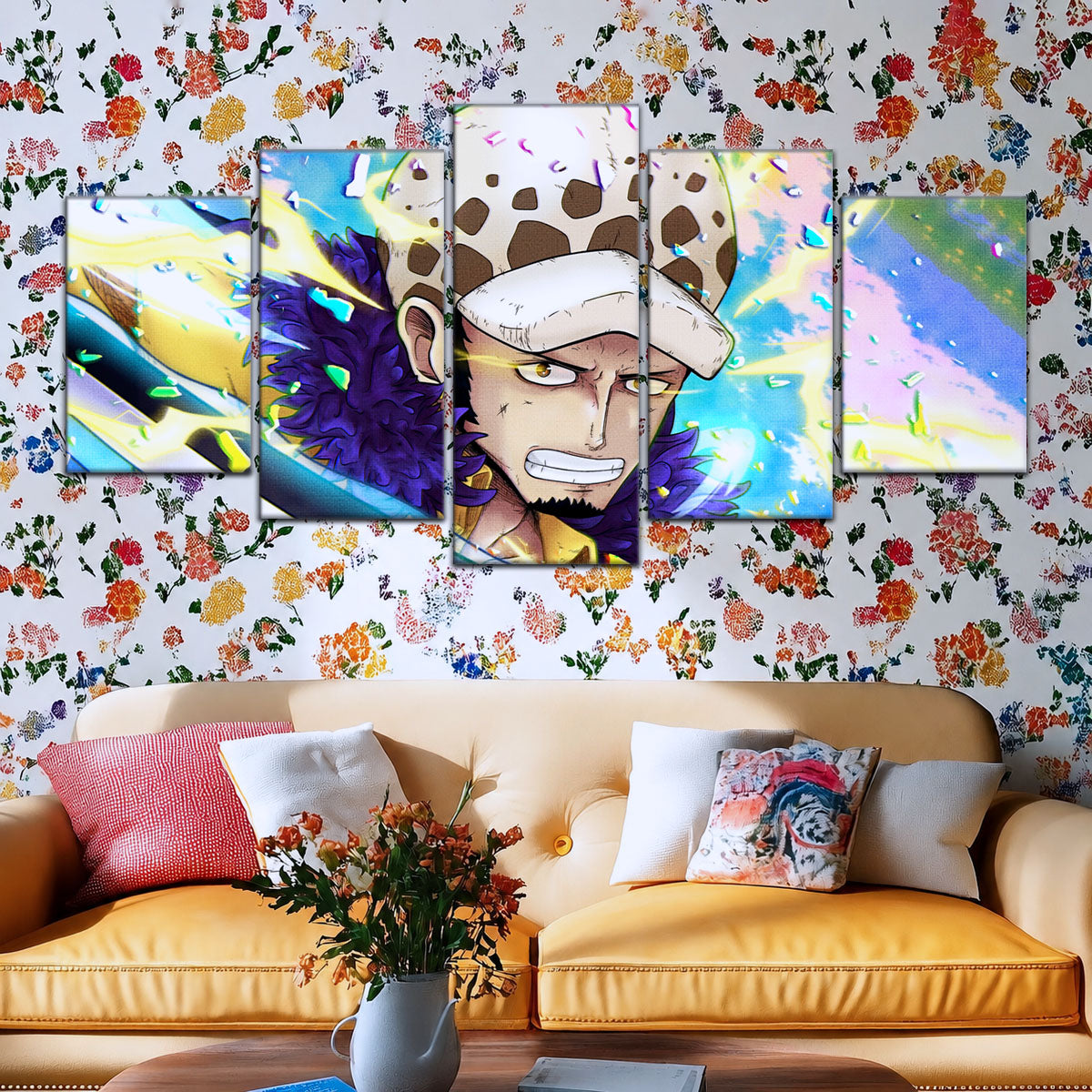 One Piece Canvas Wall Art - Trafalgar Law Room Shambles 5 Piece Split Panel Anime Poster - Framed Ready to Hang Living Room & Man Cave Decor - OP5094
