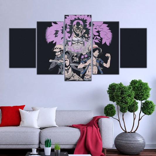One Piece Canvas Wall Art - Luffy, Law & Doflamingo 5 Piece Split Panel Anime Poster - Framed Ready to Hang Living Room & Man Cave Decor - OP5097