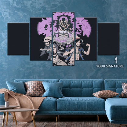 One Piece Canvas Wall Art - Luffy, Law & Doflamingo 5 Piece Split Panel Anime Poster - Framed Ready to Hang Living Room & Man Cave Decor - OP5097