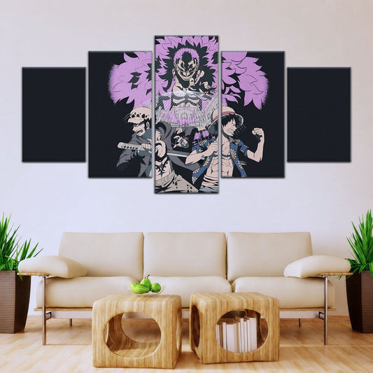 One Piece Canvas Wall Art - Luffy, Law & Doflamingo 5 Piece Split Panel Anime Poster - Framed Ready to Hang Living Room & Man Cave Decor - OP5097