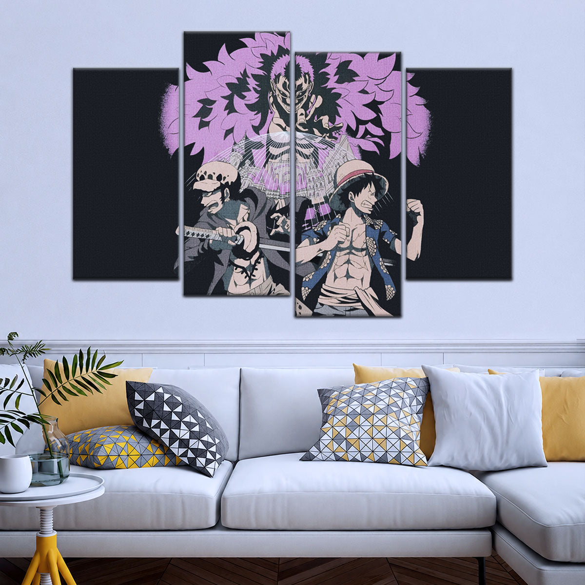 One Piece Canvas Wall Art - Luffy, Law & Doflamingo 5 Piece Split Panel Anime Poster - Framed Ready to Hang Living Room & Man Cave Decor - OP5097