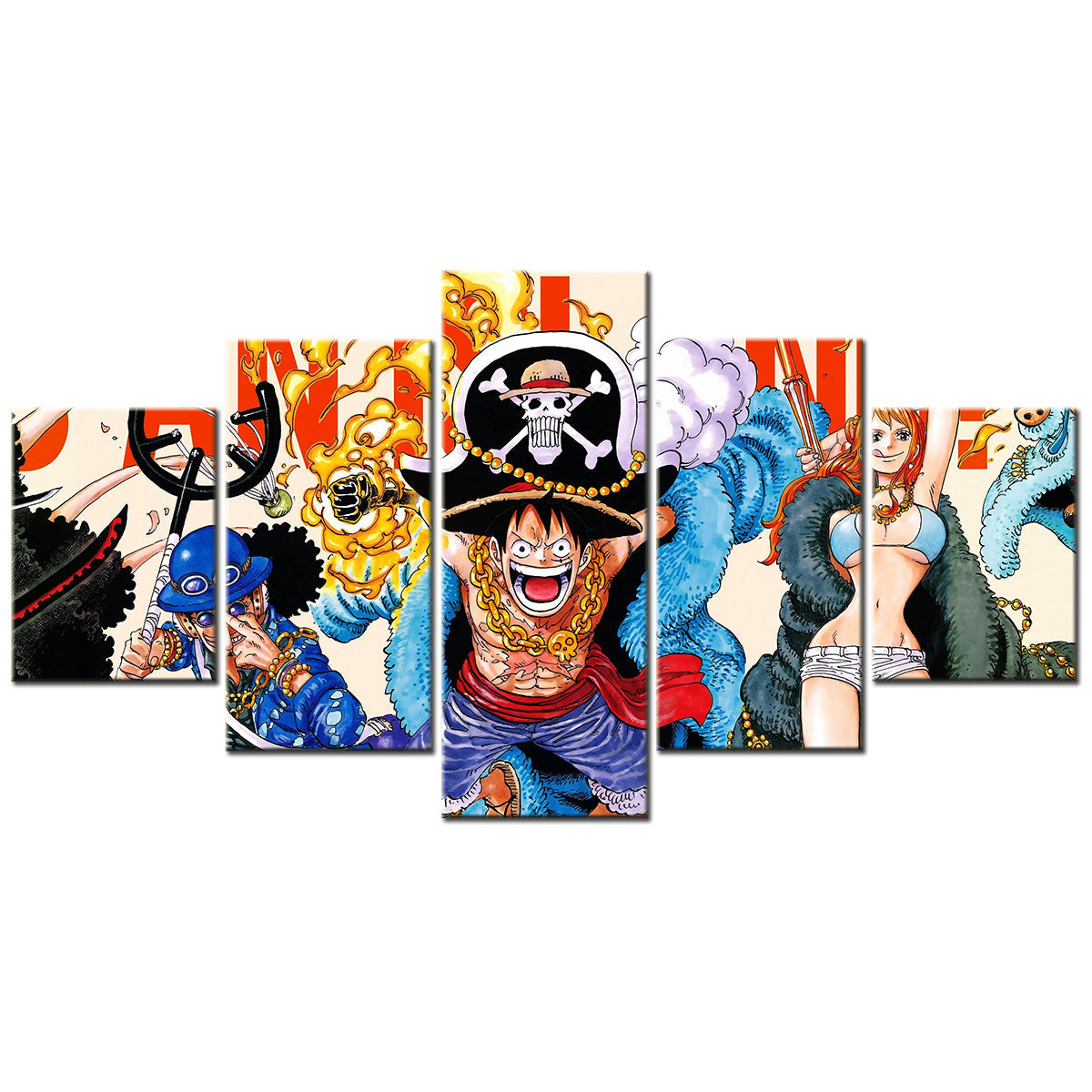 One Piece Canvas Wall Art - Monkey D. Luffy, Nami & Sabo  5 Piece Split Panel Anime Poster - Framed Ready to Hang Living Room & Man Cave Decor - OP5100
