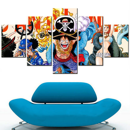 One Piece Canvas Wall Art - Monkey D. Luffy, Nami & Sabo  5 Piece Split Panel Anime Poster - Framed Ready to Hang Living Room & Man Cave Decor - OP5100