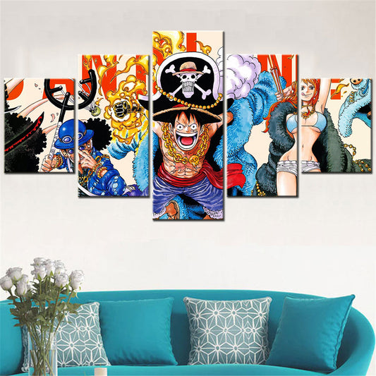 One Piece Canvas Wall Art - Monkey D. Luffy, Nami & Sabo  5 Piece Split Panel Anime Poster - Framed Ready to Hang Living Room & Man Cave Decor - OP5100