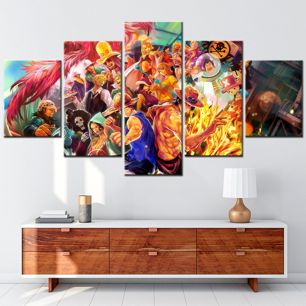 One Piece Canvas Wall Art - Luffy & Portgas D. Ace Fire Fist 5 Piece Split Panel Anime Poster - Framed Ready to Hang Living Room & Man Cave Decor - OP5101