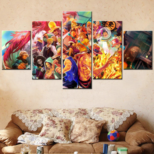 One Piece Canvas Wall Art - Luffy & Portgas D. Ace Fire Fist 5 Piece Split Panel Anime Poster - Framed Ready to Hang Living Room & Man Cave Decor - OP5101