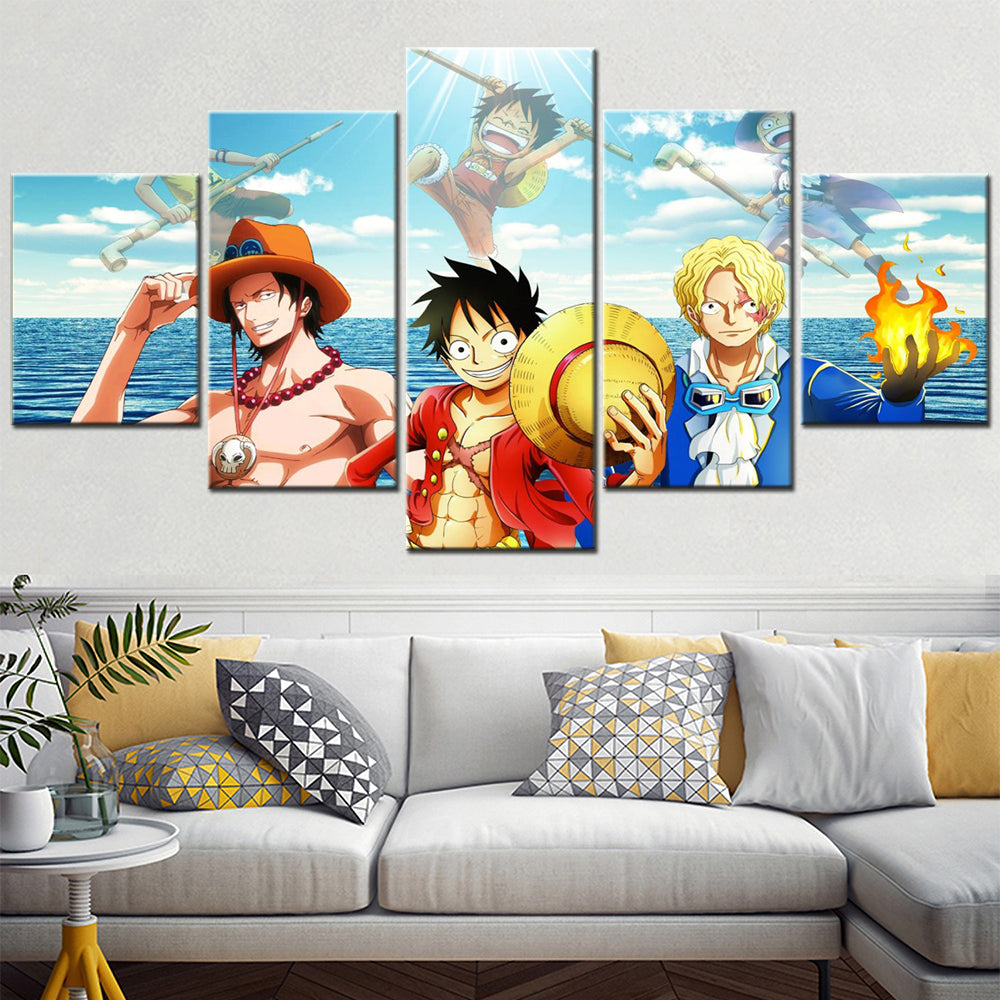 One Piece Canvas Wall Art - Luffy Ace Sabo Three Brothers 5 Piece Split Panel Anime Poster - Framed Ready to Hang Living Room & Man Cave Decor - OP5102