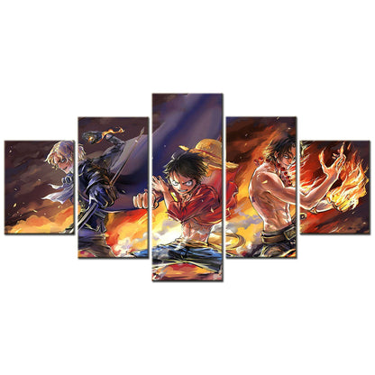 One Piece Canvas Wall Art - Luffy Ace Sabo Three Brothers 5 Piece Split Panel Anime Poster - Framed Ready to Hang Living Room & Man Cave Decor - OP5103