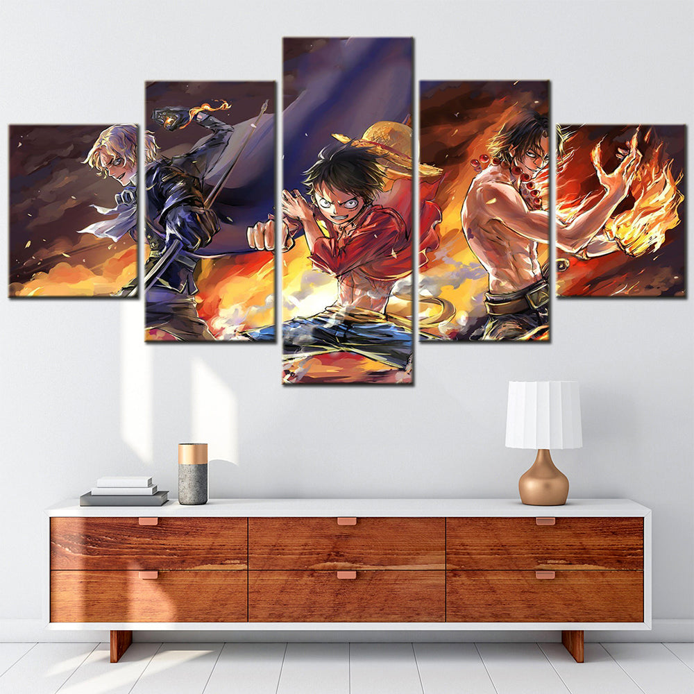 One Piece Canvas Wall Art - Luffy Ace Sabo Three Brothers 5 Piece Split Panel Anime Poster - Framed Ready to Hang Living Room & Man Cave Decor - OP5103