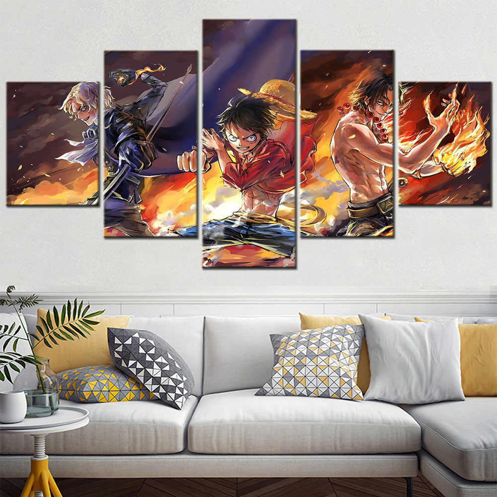 One Piece Canvas Wall Art - Luffy Ace Sabo Three Brothers 5 Piece Split Panel Anime Poster - Framed Ready to Hang Living Room & Man Cave Decor - OP5103