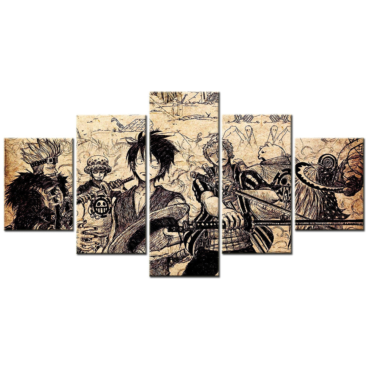 One Piece Canvas Wall Art - Luffy Zoro Law Eustass Kid 5 Piece Split Panel Anime Poster - Framed Ready to Hang Living Room & Man Cave Decor - OP5104