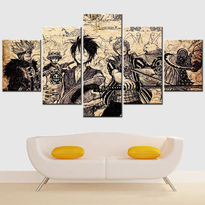 One Piece Canvas Wall Art - Luffy Zoro Law Eustass Kid 5 Piece Split Panel Anime Poster - Framed Ready to Hang Living Room & Man Cave Decor - OP5104