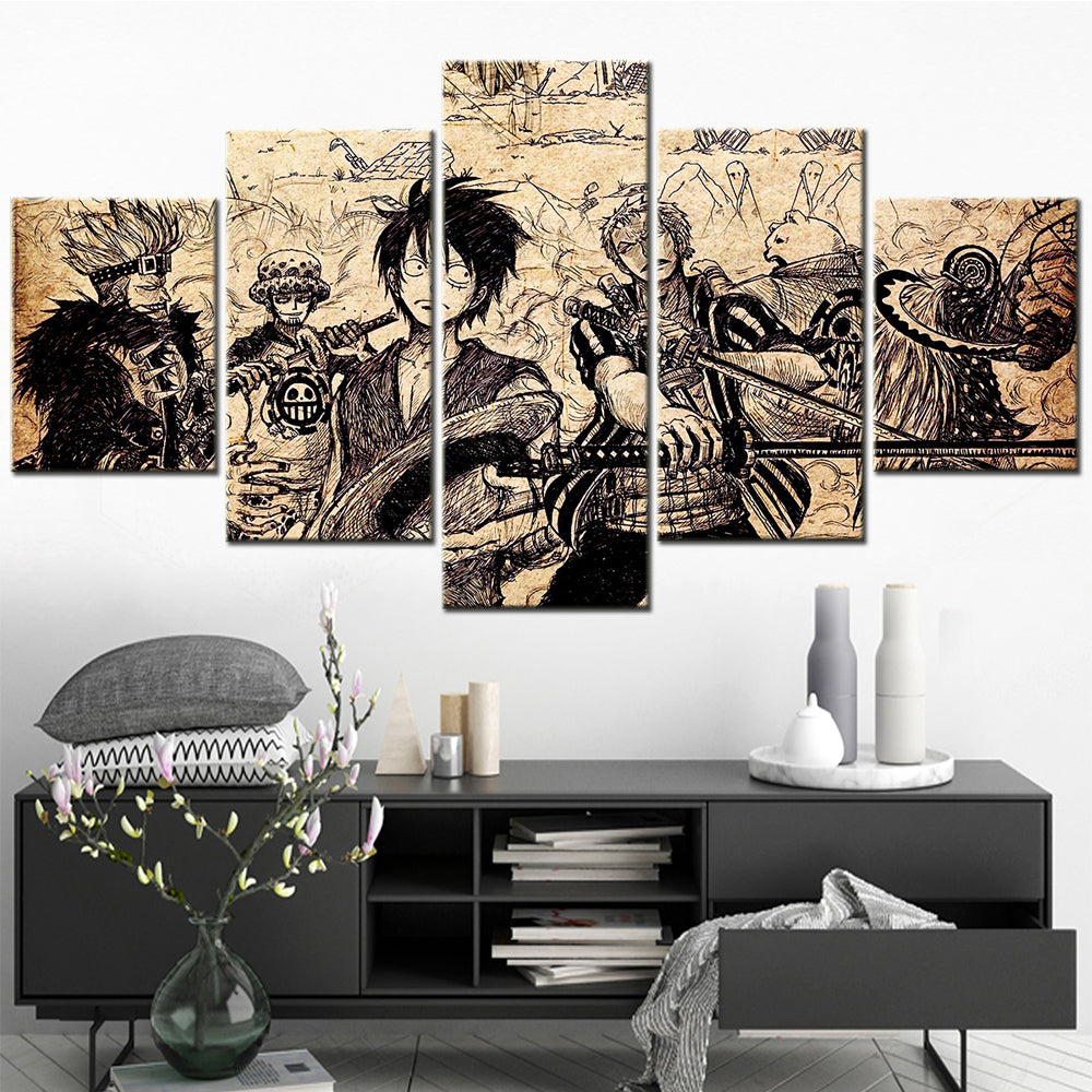One Piece Canvas Wall Art - Luffy Zoro Law Eustass Kid 5 Piece Split Panel Anime Poster - Framed Ready to Hang Living Room & Man Cave Decor - OP5104