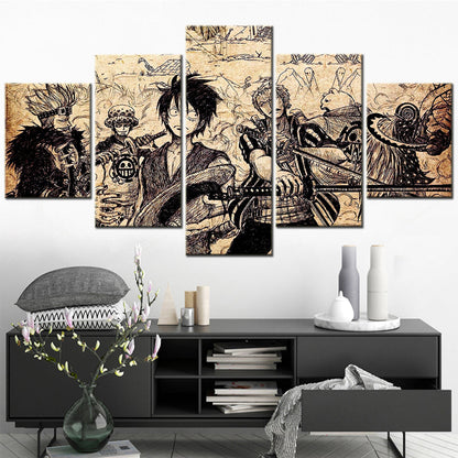 One Piece Canvas Wall Art - Luffy Zoro Law Eustass Kid 5 Piece Split Panel Anime Poster - Framed Ready to Hang Living Room & Man Cave Decor - OP5104