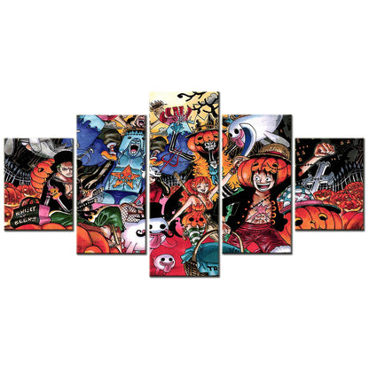 One Piece Canvas Wall Art - Halloween Luffy & Zoro 5 Piece Split Panel Anime Poster - Framed Ready to Hang Living Room & Man Cave Decor - OP5105
